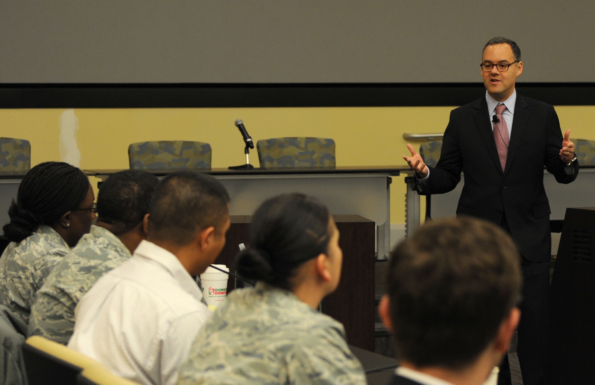 Assistant Secretary of the Air Force for Manpower and Reserve Affairs Daniel B. Ginsberg opens the floor for questions during the 2013 Capital Airmen Development Seminar at the General Jacob E. Smart Center on Joint Base Andrews, Md., Dec. 3, 2013. Ginsberg heads a four-division department that develops policy and provides oversight of manpower, military and civilian personnel, Reserve component affairs and readiness support for the Department of the Air Force. (U.S. Air Force photo/Tech. Sgt. Tammie Moore)