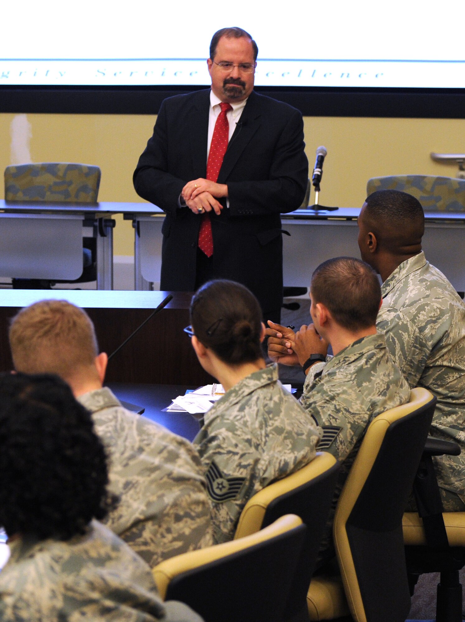 Administrative Assistant to the Secretary of the Air Force Tim Beyland shares his leadership experiences during the 2013 Capital Airmen Development Seminar at the General Jacob E. Smart Center on Joint Base Andrews, Md., Dec. 3, 2013. Beyland is a member of the Senior Executive Service and is the Administrative Assistant to the Secretary of the Air Force. He is the Air Force’s senior career civilian adviser to the Secretary. (U.S. Air Force photo/Tech. Sgt. Tammie Moore) 