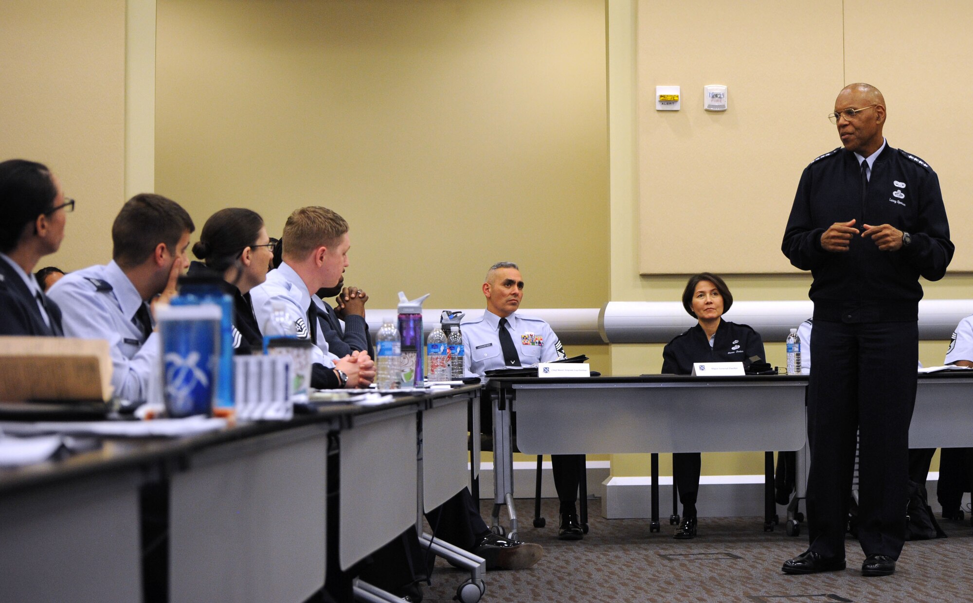 Vice Chief of Staff of the Air Force Gen. Larry Spencer participates in a question and answer session during the 2013 Capital Airmen Development Seminar at the General Jacob E. Smart Center on Joint Base Andrews, Md., Dec. 2, 2013. As the vice chief of staff, Spencer assists the chief of staff with organizing, training and equipping of 690,000 active-duty, Guard, Reserve and civilian forces serving in the U.S. Air Force stateside and overseas. (U.S. Air Force photo/Tech. Sgt. Tammie Moore)