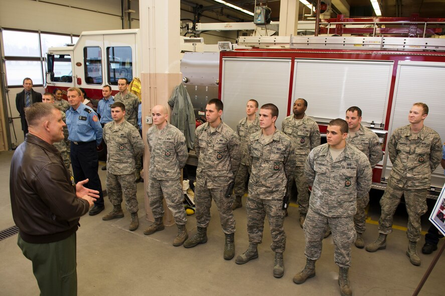 Gen. Frank Gorenc, U.S. Air Forces in Europe and Air Forces Africa commander, meets members of the 86th Civil Engineer Squadron fire department, during an immersion tour Dec. 3, 2013, Ramstein Air Base, Germany. Immersion tours are held as a way for senior leaders to gain a greater understanding and perspective on how Airmen operate day-to-day. (U.S. Air Force photo/Senior Airman Jose L. Leon) 