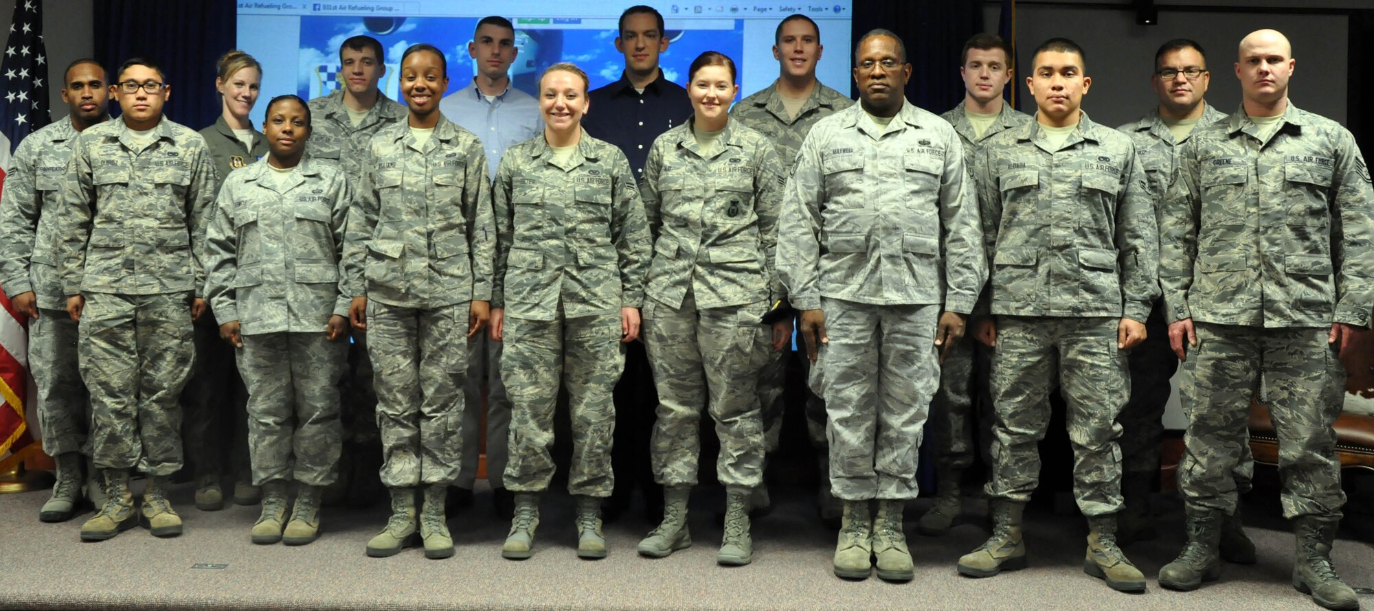 The 931st Air Refueling Group welcomed the following newcomers during the September unit training assembly, Dec. 14, 2013. First row, left to right: Airman 1st Class Ronald Quiroz, Tech. Sgt. Sariethia Lemos, Airmen 1st Class Altovoice Williams, Randi Foster, Ashlyn Nay, Staff Sgt. Marcus Maxwell, Airman 1st Class Raymundo Aldaba and Staff Sgt. Justin Greene.  Back row, left to right: Senior Airman Leon Pennyfeather, Capt. Linsay Auerback, Staff Sgt. Colin Fischer, Airman 1st Class Zach Balthazor, Senior Airman Corey Lienemann and Staff Sgt. Julio Cruz.  (U.S. Air Force photo by Staff Sgt. Abigail Klein)