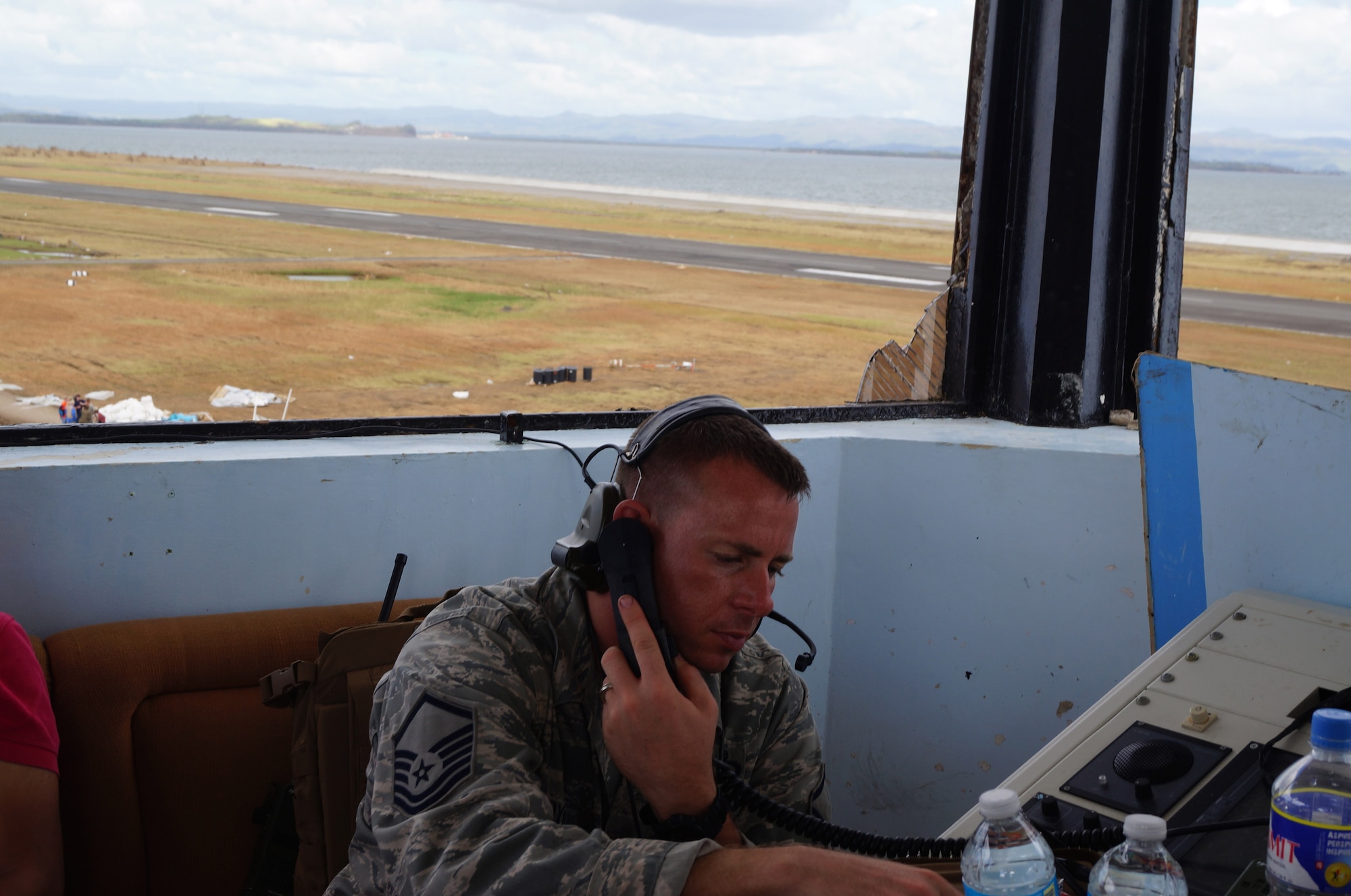 Master Sgt. Clinton Dykes, 36th Contingency Response Group air traffic control NCO in charge, mans the air traffic control tower during Operation Damayan in Tacloban, Philippines, Nov. 16, 2013. Operation Damayan is a U.S. humanitarian aid and disaster relief effort that supported the Philippines in the wake of the devastating effects of Typhoon Haiyan. (Courtesy photo)
