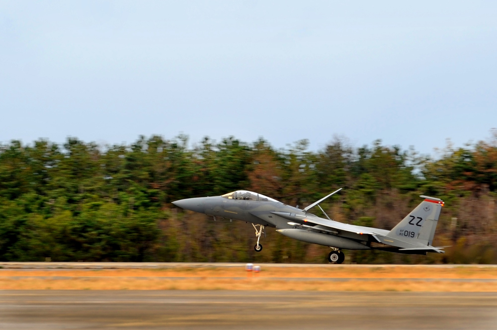 A U.S. Air Force F-15 Eagle from the 67th Fighter Squadron touches down on Komatsu Air Base, Japan, Dec. 7, 2013. The 67th FS participated in a week-long bilateral Aviation Training Relocation Program hosted by the Japanese Air Self Defense Force 6th Wing at Komatsu Air Base. (U.S. Air Force photo by Staff Sgt. Amber E. N. Jacobs)