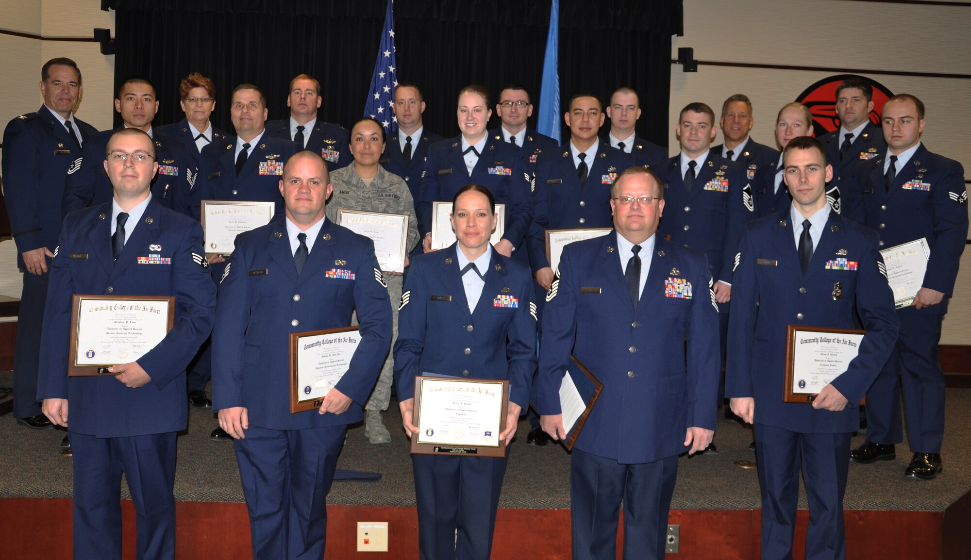 Twenty-five 931st Air Refueling Group Airmen earned their CCAF degree during the previous term. Some members were unavailable for the ceremony due to deployment or training taskings.(Air Force photo by Master Sgt. Brannen Parrish)