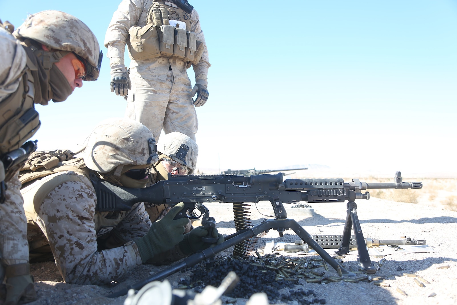 Marines with Motor Transportation Company, Combat Logistics Battalion 5, Combat Logistics Regiment 1, 1st Marine Logistics Group, operate an M240B medium machine gun as part of sustainment training leading up to Exercise Steel Knight 2014 aboard Marine Air Ground Combat Center Twentynine Palms, Calif., Dec. 9, 2013. SK14 is an annual exercise designed to prepare 1st Marine Division for deployment with the Marine Air-Ground Task Force as the Ground Combat Element with the support of 1st MLG and 3rd Marine Air Wing. Combined, the MAGTF is able to deploy and respond in a timely manner to any situation across the globe.  (U.S. Marine Corps photo by Lance Cpl. Shaltiel Dominguez/ Released)