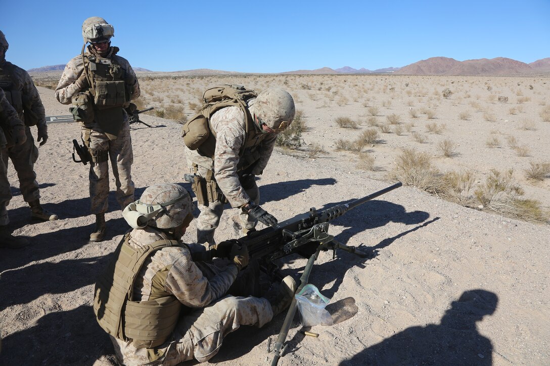 Marines with Motor Transportation Company, Combat Logistics Battalion 5, Combat Logistics Regiment 1, 1st Marine Logistics Group, operate a .50 caliber machine gun as part of sustainment training leading up to Exercise Steel Knight 2014 aboard Marine Air Ground Combat Center Twentynine Palms, Calif., Dec. 9, 2013. SK14 is an annual exercise designed to prepare 1st Marine Division for deployment with the Marine Air-Ground Task Force as the Ground Combat Element with the support of 1st MLG and 3rd Marine Air Wing. Combined, the MAGTF is able to deploy and respond in a timely manner to any situation across the globe.
