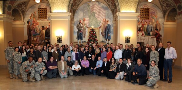 Los Angeles District leaders gathered for a seminar at the Bob Hope Patriotic Hall in downtown Los Angeles Dec. 10-12 to discuss future goals and process improvement. Everyone met in front of the hall's Christmas tree for a group photo on the final day. 