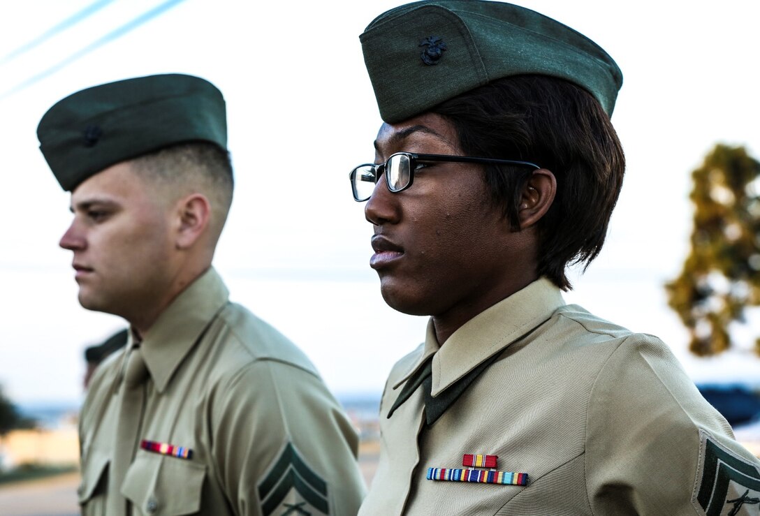 Corporal Ashton Tyler, right, warehouse clerk, 15th Marine Expeditionary Unit, waits to have her uniform inspected at the Corporal’s Course Academy aboard Camp Pendleton, Calif., Dec. 10. The academy’s mission is to provide corporals with the education and leadership skills necessary to lead Marines. Tyler, 21, is from Charlestown, S.C. (U.S. Marine Corps photo by Cpl. Emmanuel Ramos/Released)