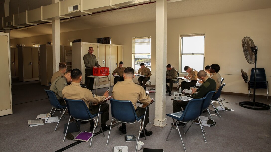 Staff Sgt. David McFadden, faculty advisor, Corporal’s Course Academy, teaches a class on leadership to 4th Platoon aboard Camp Pendleton, Calif., Dec. 10. The academy’s mission is to provide corporals with the education and leadership skills necessary to lead Marines.  McFadden, 32, is from Longview, Texas. (U.S. Marine Corps photo by Cpl. Emmanuel Ramos/Released)