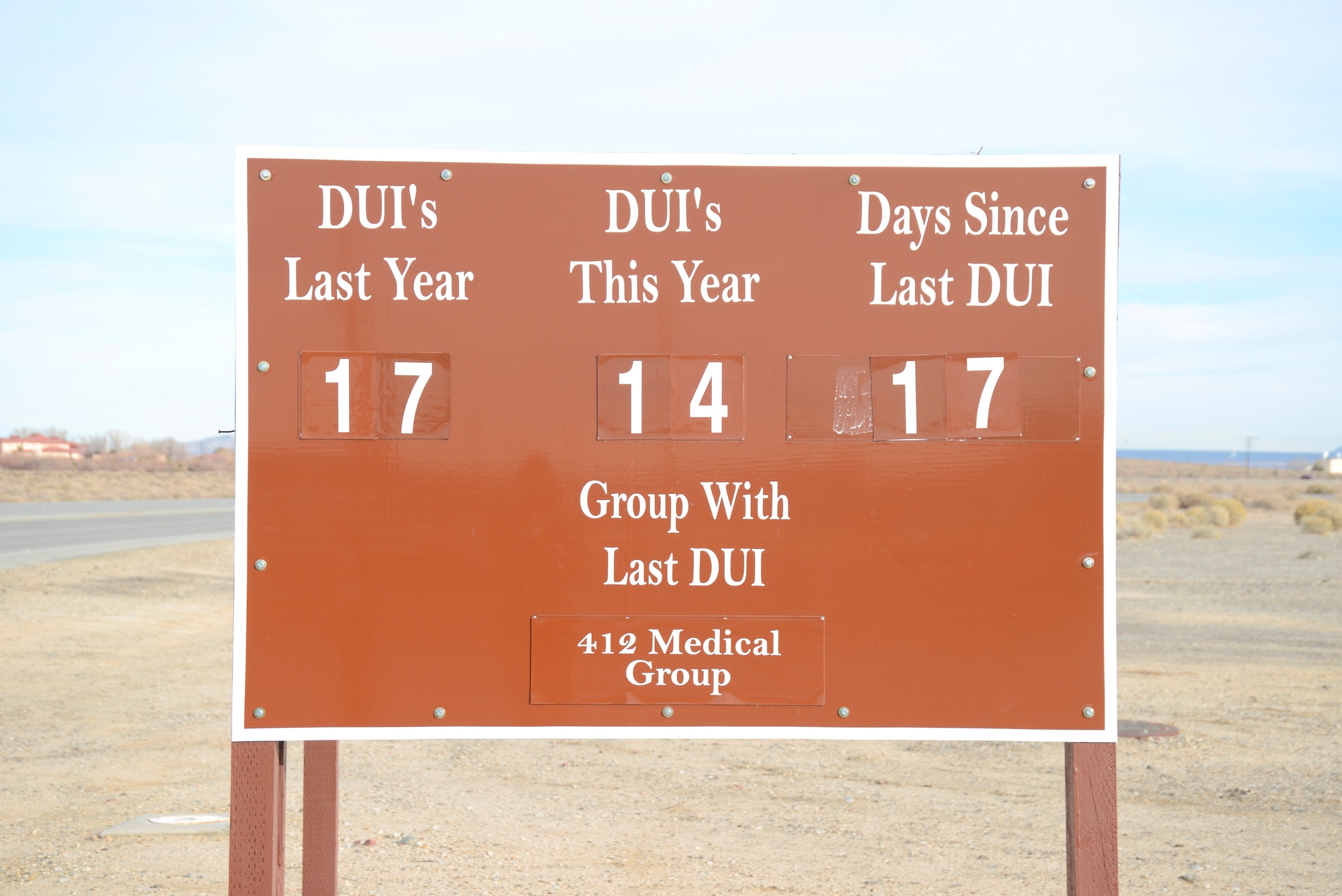 The Edwards AFB DUI awareness sign located at the intersection of Lancaster Blvd. and Fitz-Gerald Blvd. (U.S. Air Force photo)