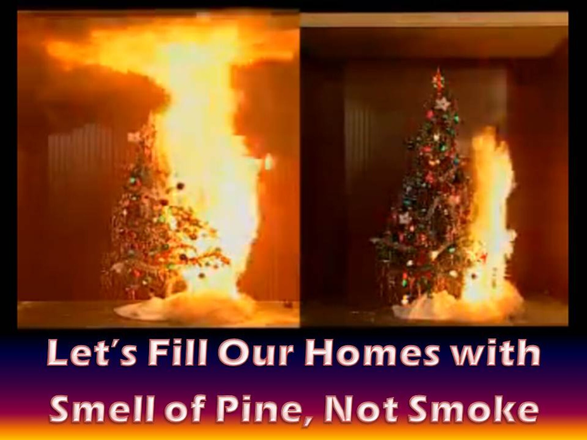 Above is a side-by-side comparison of a demonstration showing how flammable a dry Christmas tree can be as opposed to a tree watered regularly. This test was conducted by the National Fire Protection Association and Underwriters Laboratories. (Screen shot and graphics/Staff Sgt. Luis Loza Gutierrez)  