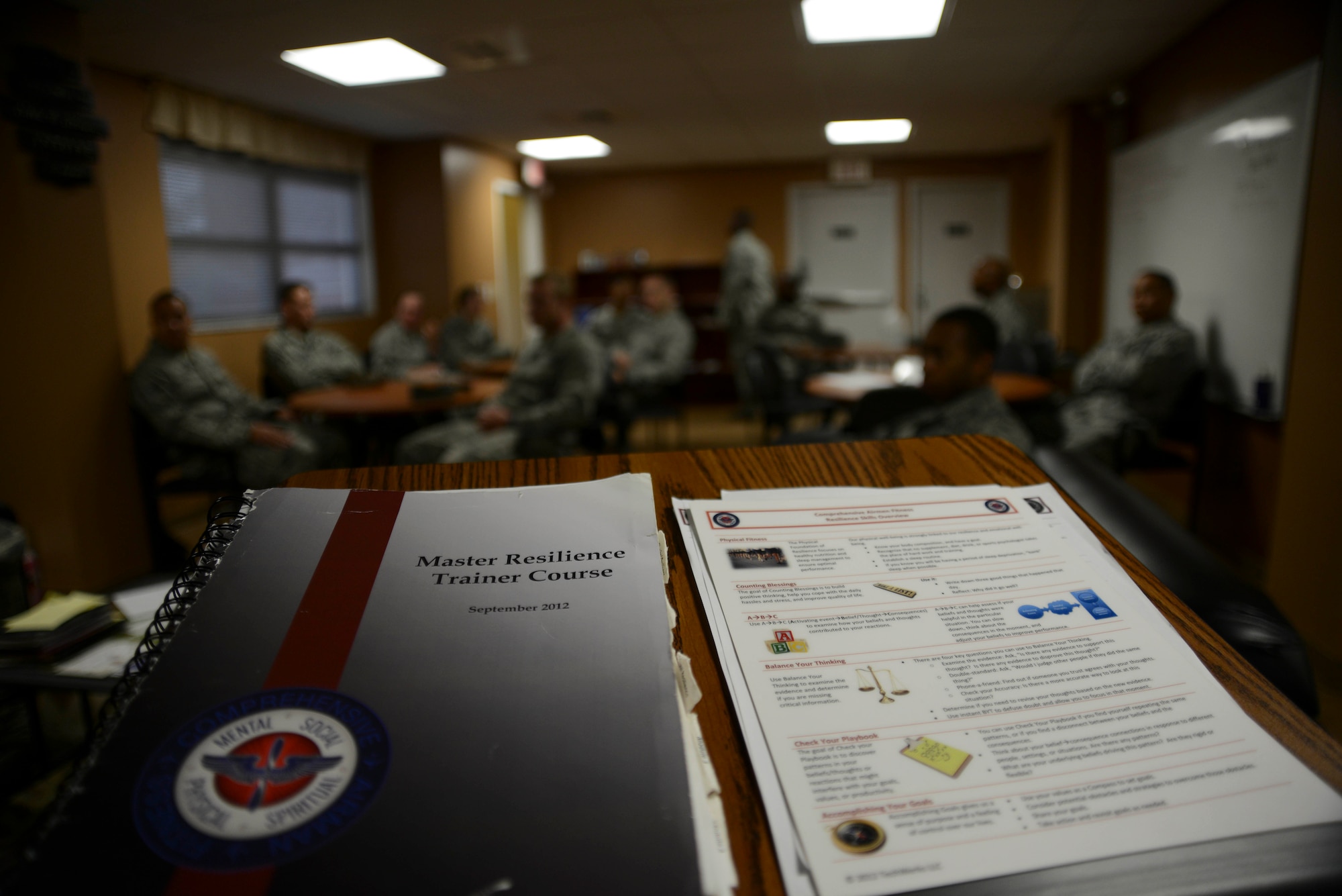 Members of the 6th Air Mobility Wing attend resiliency training Dec. 12, 2013 at MacDill Air Force Base, Fla. The training focused on the four domains of comprehensive Airmen fitness, which include physical, mental, social, and spiritual and how to use the skillsets to improve our everyday professional and personal lives. (U.S. Air Force photo by Senior Airmen Jenay Randolph/Released)