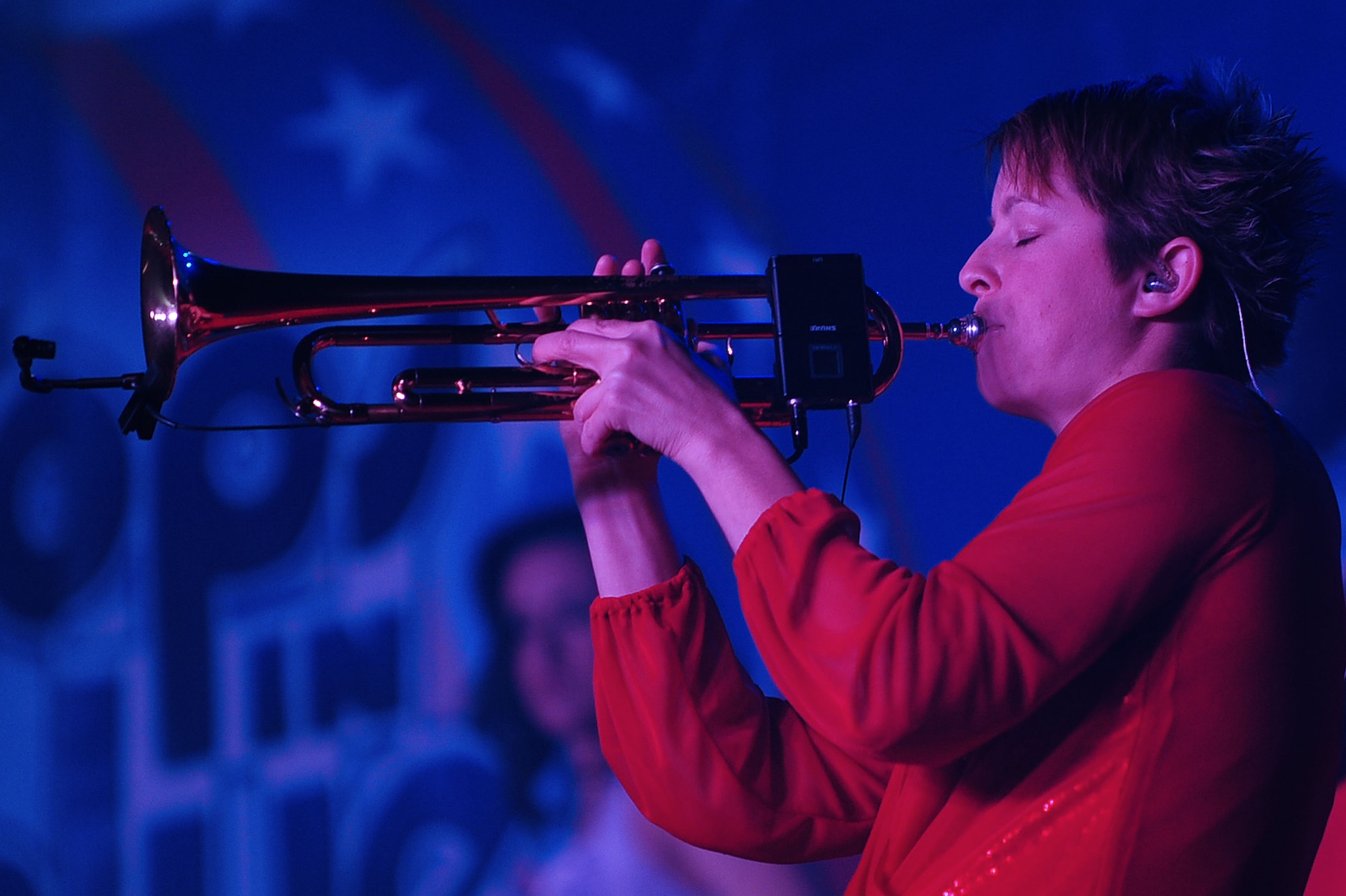 Lesa Willis, Tops in Blue musician, plays the trumpet Dec.14, 2013, at Incirlik Air Base, Turkey.With the current budget cuts across the Air Force, Tops in Blue has brought back alumni performers who have volunteered to share “The Gift of Music” with service members around the globe. (U.S. Air Force photo by Airman 1st Class Nicole Sikorski/Released) 