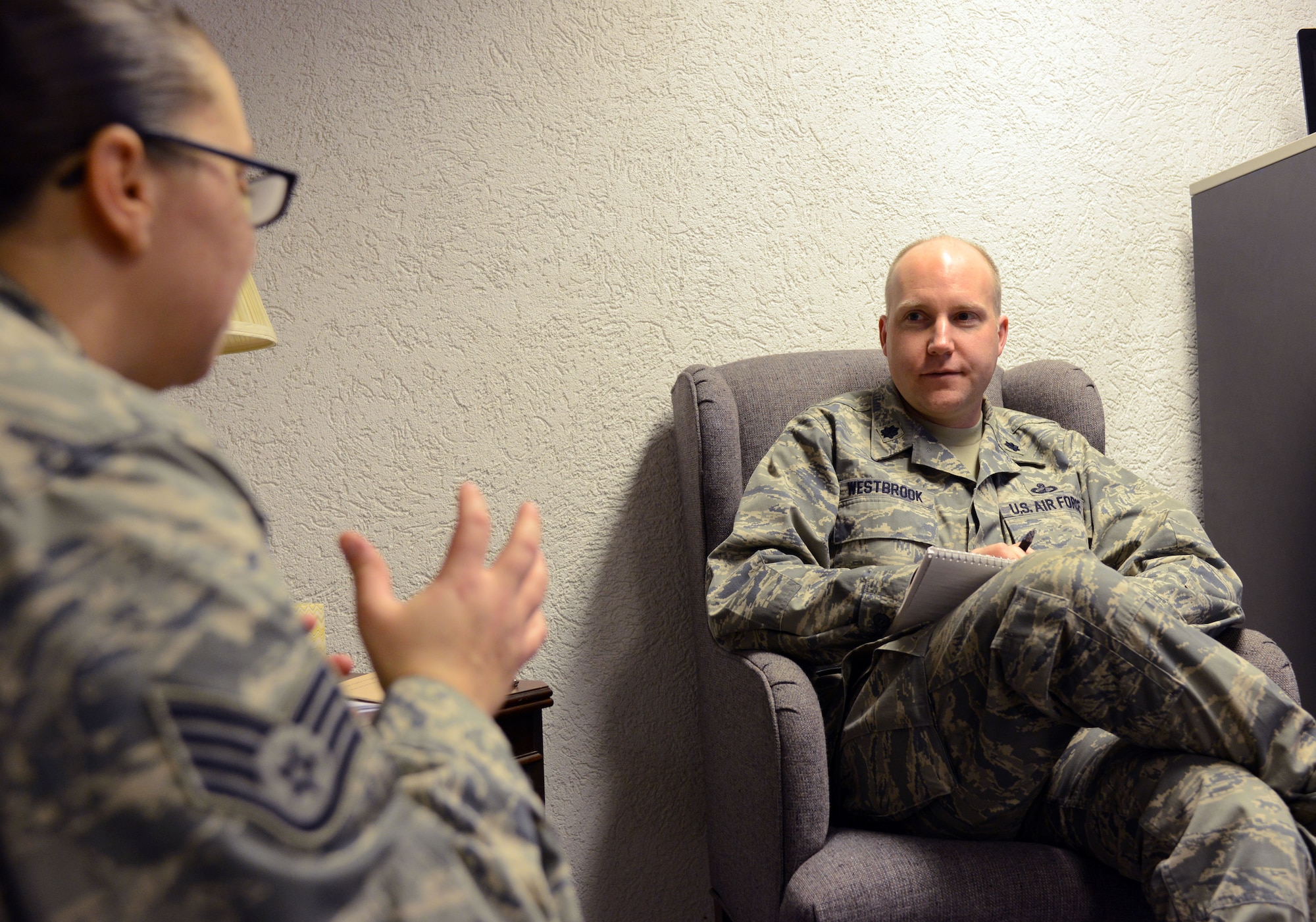 Lt. Col. Thomas Westbrook, 86th Airlift Wing inspector general, listens to an Airman in the complaints section of the 86th AW Inspector General office, Dec. 13, 2013, Ramstein Air Base, Germany. The IG works to ensure all Airmen receive fair and equitable treatment free of reprisal or consequence. (U.S. Air Force photo/Senior Airman Timothy Moore)
