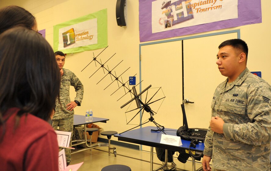 Senior Airman Joseph Mark Talampas, 607th Support Squadron radio frequency transmissions technician, explains the capabilities of satellite radios to Osan Middle School students during a career fair at Osan Air Base, Republic of Korea, Dec. 13, 2013. Representatives from several units, including the 51st Medical Group, U.S. Army Corps of Engineers, 51st Operations Support Squadron Weather Flight and the Airman and Family Readiness Center, were on hand to educate students about the requirements of their career specialty. (U.S. Air Force photo/Airman 1st Class Ashley J. Thum)