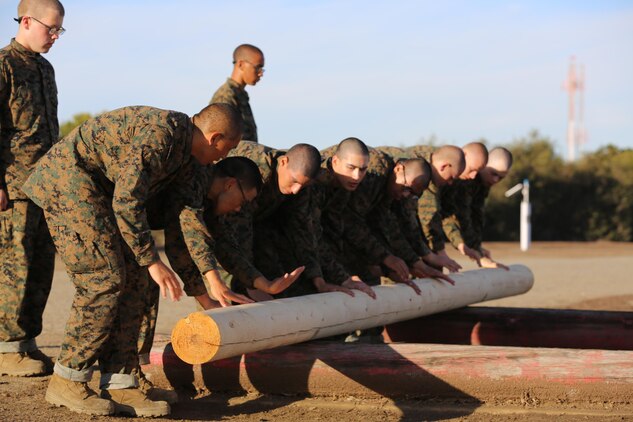 Recruits of Company F, 2nd Recruit Training Battalion, prepare to pick up a log during log drills aboard Marine Corps Recruit Depot San Diego, Nov. 26.  Recruits were lined up from tallest to shortest to equalize the weight each recruit carried during the event.