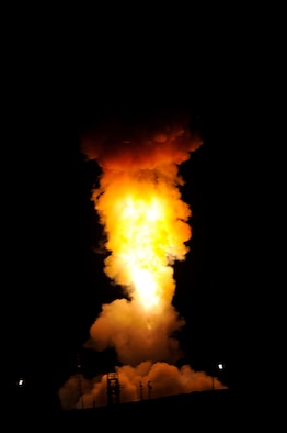 An unarmed Minuteman III intercontinental ballistic missile was launched at 4:36 a.m. during an operational test Dec. 17, 2013, from Vandenberg Air Force Base, Calif. The launch team, under the direction of the 576th Flight Test Squadron, Vandenberg AFB, included Airmen from the 341st Missile Wing, Malmstrom AFB, Mont., and the 625th Strategic Operations Squadron, Offutt AFB, Neb. Col. Keith Balts, the 30th Space Wing commander, was the launch decision authority. (U.S. Air Force photo/Michael Peterson)