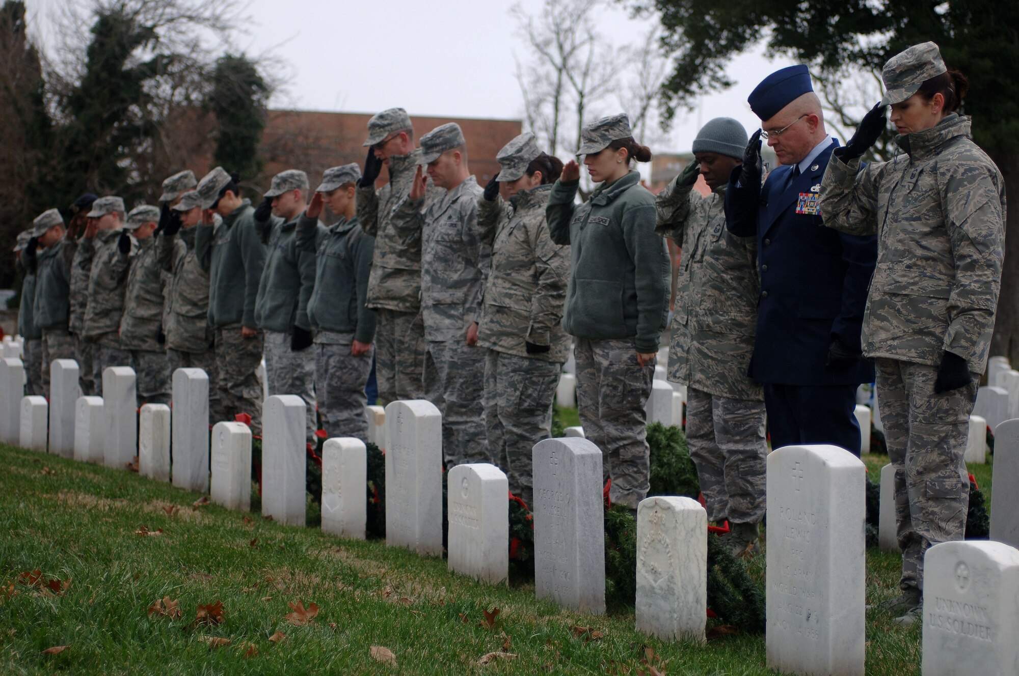 U.S. Air Force Airmen salute headstones of veterans during the “Wreaths Across America” program at the Hampton National Veteran Cemetery in Hampton, Va., Dec. 14, 2013.  Military personnel and members of the local community laid wreaths to pay respect to U.S. veterans. (U.S. Air Force photo by Senior Airman Teresa Aber/Released)
