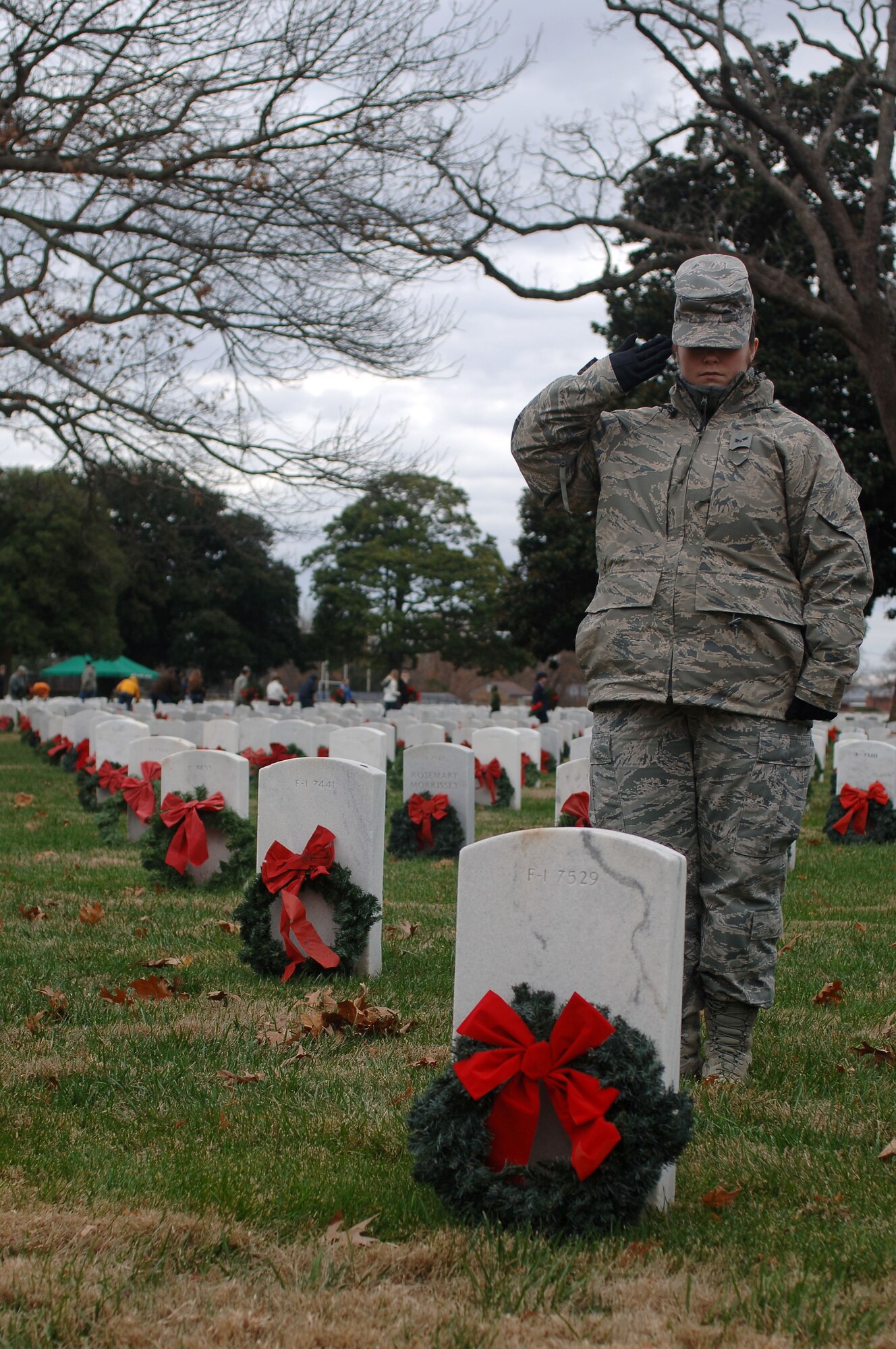 U.S. Air Force Senior Airman Rosemary Williams, 633rd Logistics Readiness Squadron logistics planner, salutes a veteran’s headstone during the “Wreaths Across America” program at the Hampton National Veteran Cemetery in Hampton, Va., Dec. 14, 2013. Service members laid wreaths at local veteran cemeteries as part of the annual program to honor veterans’ sacrifices and service. Williams is from Morrisville, Pa. (U.S. Air Force photo by Senior Airman Teresa Aber/Released)