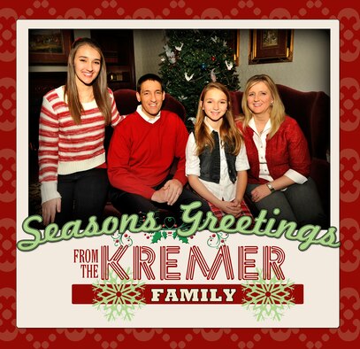 Col. Kyle Kremer, 375th Air Mobility Wing commander, and his wife, Deb, and daughters Mikayla and Abbey share holiday greetings with Scott Air Force Base. (U.S. Photo/Airman 1st Class Jaeda Waffer).
