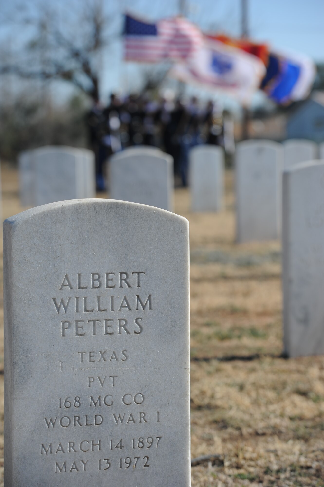 SAN ANGELO, Texas – The Goodfellow Joint Service Color Guard posts the colors during the Wreaths Across America event at the Belvedere Cemetery Dec. 14. Wreaths Across America honors deceased service members and their families. (U.S. Air Force photo/ Staff Sgt. Laura R. McFarlane)