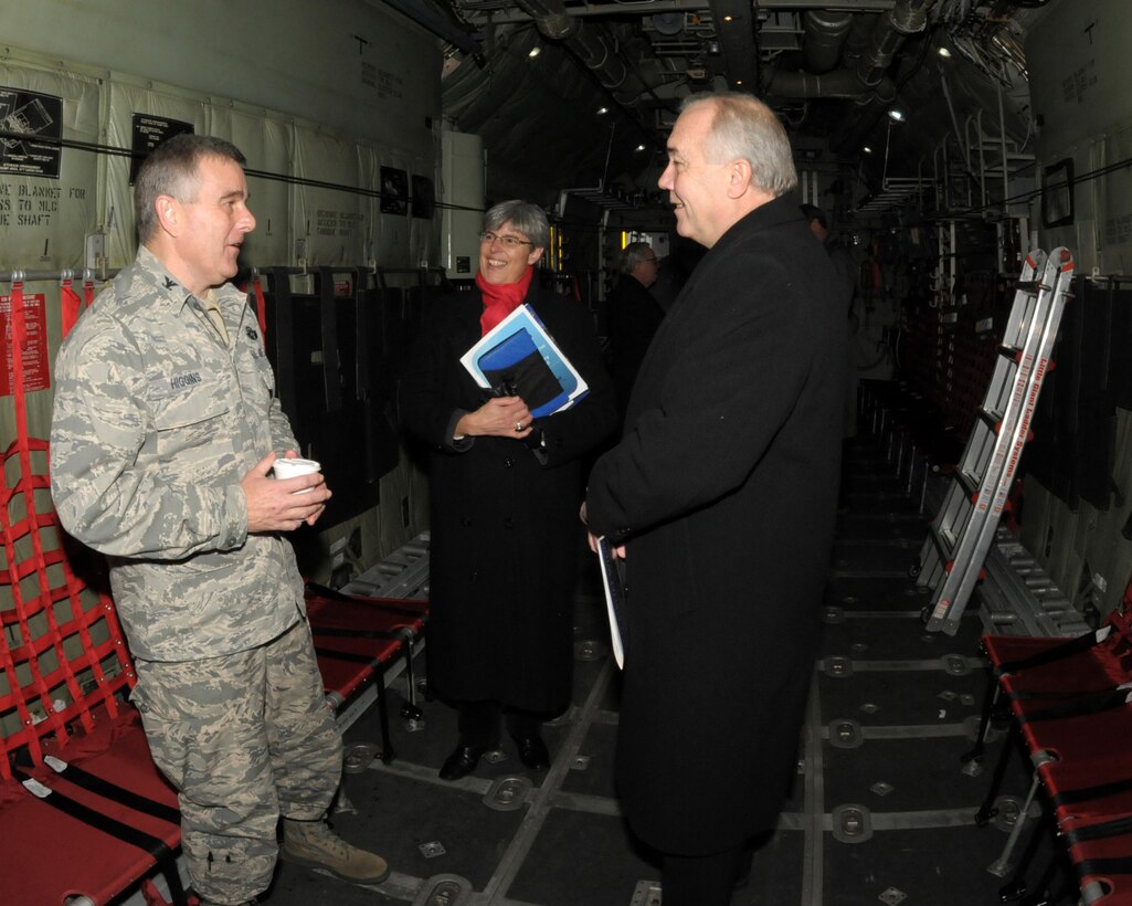 Col. John Higgins, Commander 107th Airlift Wing explains the capabilities of the C-130H2 Aircraft to local, state and federal legislative and or staff members as well as other local leaders at the Niagara Falls Air Reserve Station on December 17, 2013. In addition, the members received a legislative update by the Niagara Military Affairs Council and a brief tour of the base facilities. The Niagara Falls Air Reserve Station is home to the 914th and 107th Airlift Wings, the Military Entrance Processing Station and Army Reserve and National Guard units.  The base employs over 3,500 personnel and is indirectly responsible for creating hundreds of jobs in western New York. (U.S. Air Force photo by Peter Borys)