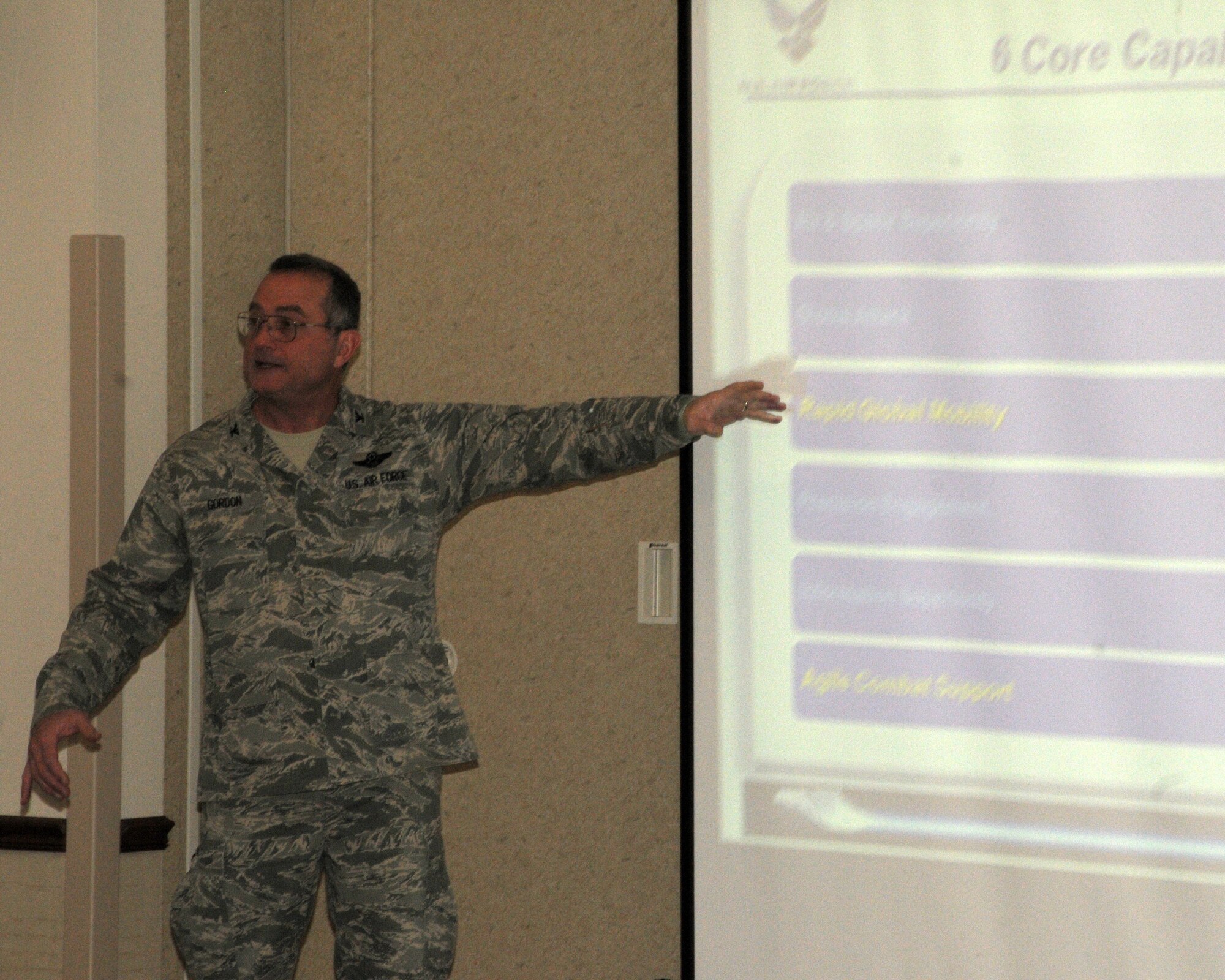 Col. Walter Gordon, Commander 914th Airlift Wing briefs local, state and federal legislative and or staff members as well as other local leaders about the status of the 914th and 107th Airlift Wings at the Niagara Falls Air Reserve Station on December 17, 2013. In addition to the mission brief the members received a legislative update by the Niagara Military Affairs Council and a brief tour of the base facilities and a C-130 aircraft. The Niagara Falls Air Reserve Station is home to the 914th and 107th Airlift Wings, the Military Entrance Processing Station and Army Reserve and National Guard units.  The base employs over 3,500 personnel and is indirectly responsible for creating hundreds of jobs in western New York. (U.S. Air Force photo by Peter Borys)