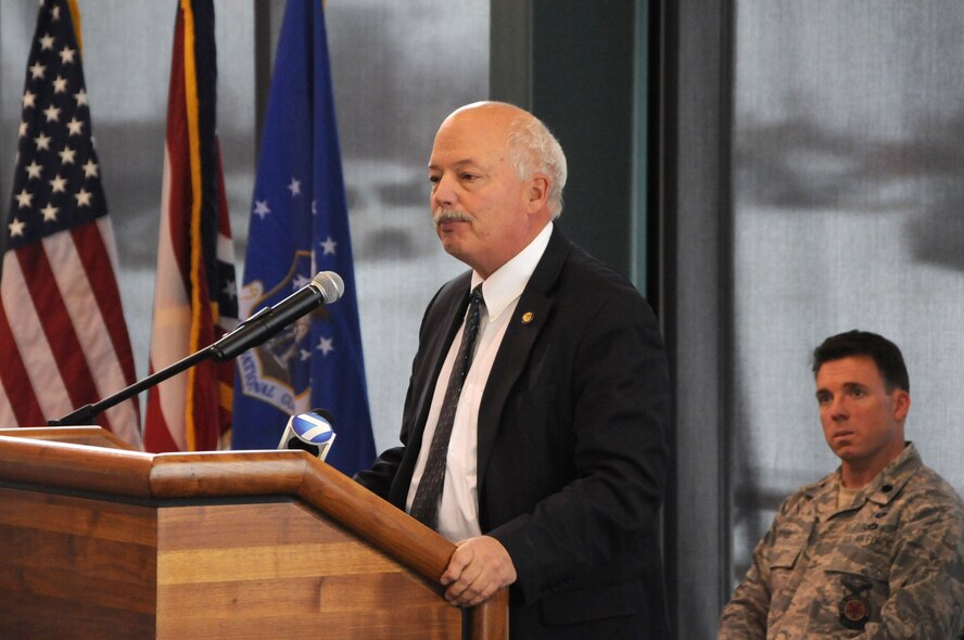 State Rep.Bob Hackett, R-London speaks at the ribbon cutting ceremony for County Road 794 - West Blee Road reroute Dec. 16 at the Springfield Air National Guard Base, Ohio.The reroute was necessary to meet current Department of Defense force protection clearance requirements and allow for anticipated growth 