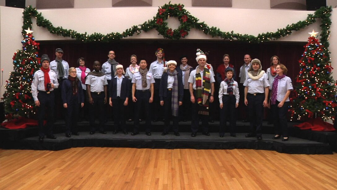 The Singing Sergeants in the rehearsal studio ready to record holiday favorites to share on YouTube for their "12 Days of Christmas" project. (A.F. Photo)
