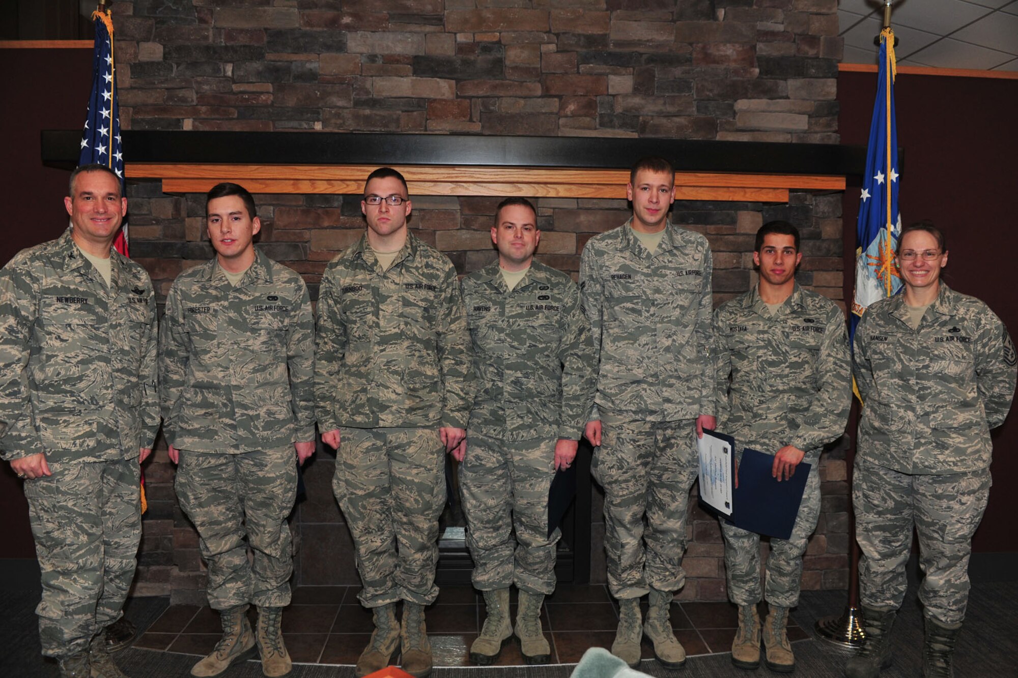 Pictured left to right, Airman Caleb Forester, Senior Airman Tyson Turnboo, SrA John Havens, Airman 1st Class Matthew Rehagen, and A1C Mostafa Mostafa are Decembers Diamond Sharp Award recipients. The Diamond Sharp Award is an honor that’s presented to whom the first sergeants believe to be the most outstanding Airmen, starting from doing amazing things at their work place, volunteering in the community, and always displaying excellence in all they do, whenever and wherever. (U.S. Air Force photo by Senior Airman Taylor Curry/Released) 