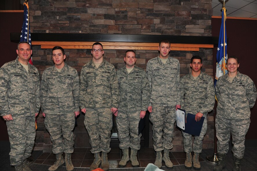 Pictured left to right, Airman Caleb Forester, Senior Airman Tyson Turnboo, SrA John Havens, Airman 1st Class Matthew Rehagen, and A1C Mostafa Mostafa are Decembers Diamond Sharp Award recipients. The Diamond Sharp Award is an honor that’s presented to whom the first sergeants believe to be the most outstanding Airmen, starting from doing amazing things at their work place, volunteering in the community, and always displaying excellence in all they do, whenever and wherever. (U.S. Air Force photo by Senior Airman Taylor Curry/Released) 