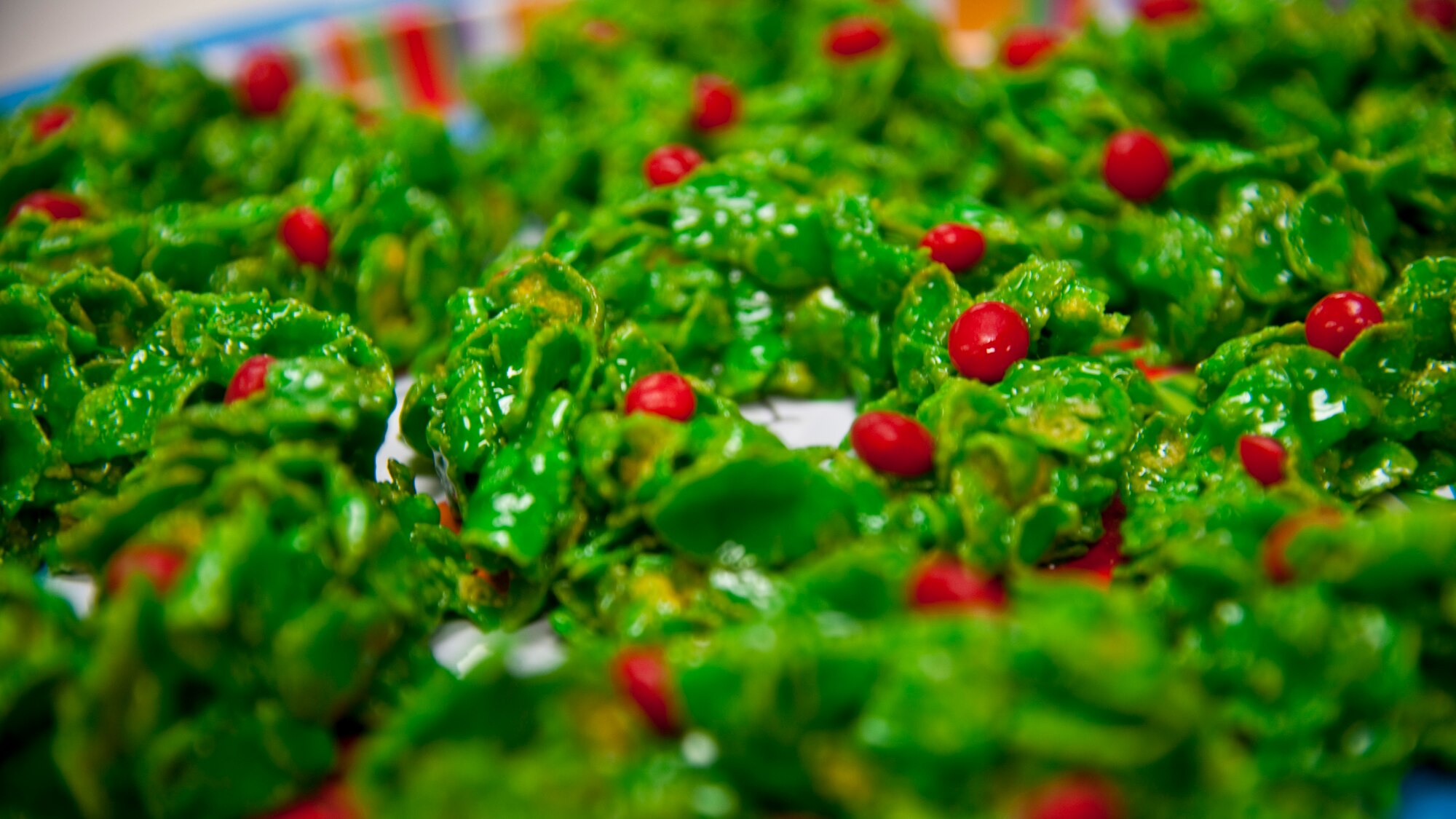 Wreath cookies sit on a plate during the Commando Cookie Drop at the chapel on Hurlburt Field, Fla., Dec. 16, 2013. Volunteers donated more than 9,000 cookies for Airmen living in the dorms. (U.S. Air Force photo/Senior Airman Michelle Vickers) 