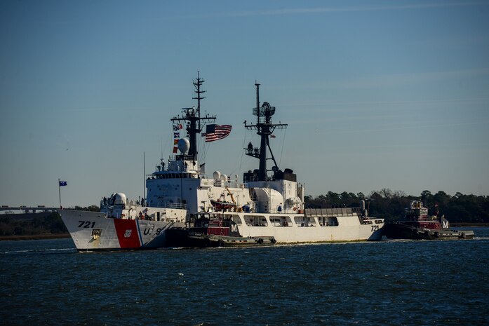 The United States Coast Guard national security cutter Gallatin (WHEC 721) and its 170-member crew, make their way into port Dec. 11, 2013, at Charleston, S.C., after completing the ship’s final patrol. Gallatin’s crew seized more than 1,000 kilos of cocaine with a street value of $34 million. (U.S. Air Force photo/ Senior Airman Dennis Sloan)