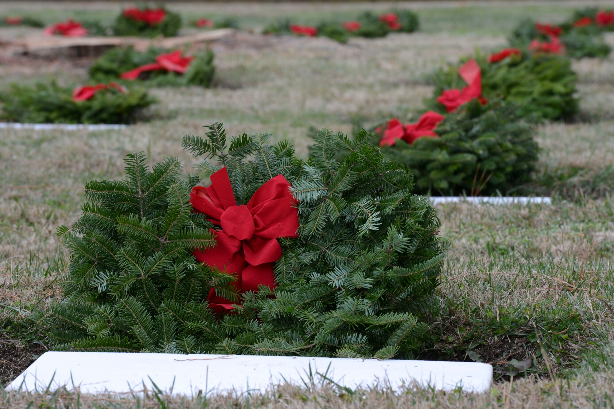 Military personnel and local community members laid wreaths over 7,000 headstones of fallen veterans at national veteran cemeteries in Hampton, Suffolk and Yorktown, Va., Dec. 14, 2013. The "Wreaths Across America" program is an annual event in which volunteers hold wreath-laying ceremonies at veteran cemeteries in all 50 states and American cemeteries around the world. (U.S. Air Force photo by Staff Sgt. Ciara Wymbs/Released)