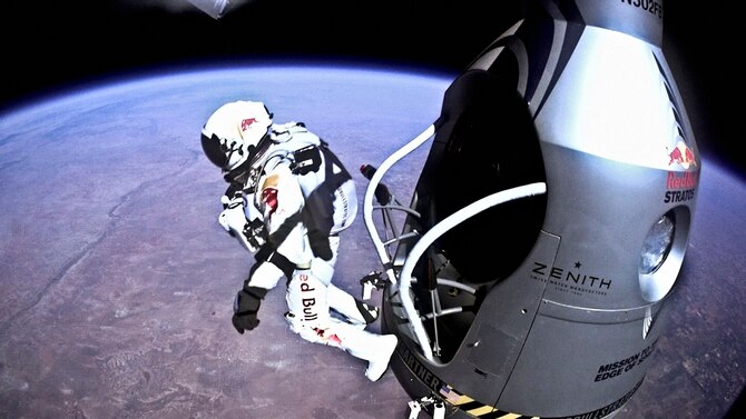 Pilot Felix Baumgartner of Austria jumps out from the capsule during the final manned flight for Red Bull Stratos in Roswell, N.M., on Oct. 14, 2012. The Red Bull Stratos exhibit will be on display at the National Museum of the U.S. Air Force from Jan. 24-March 16, 2014. (Photo courtesy of Red Bull Stratos)