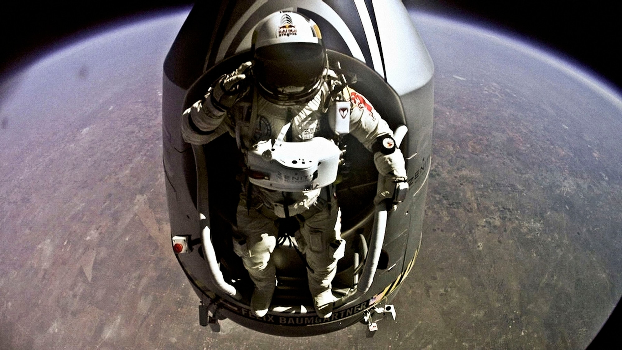 Pilot Felix Baumgartner of Austria jumps out from the capsule during the final manned flight for Red Bull Stratos in Roswell, N.M., on Oct. 14, 2012. The Red Bull Stratos exhibit will be on display at the National Museum of the U.S. Air Force from Jan. 24-March 16, 2014. (Photo courtesy of Red Bull Stratos)