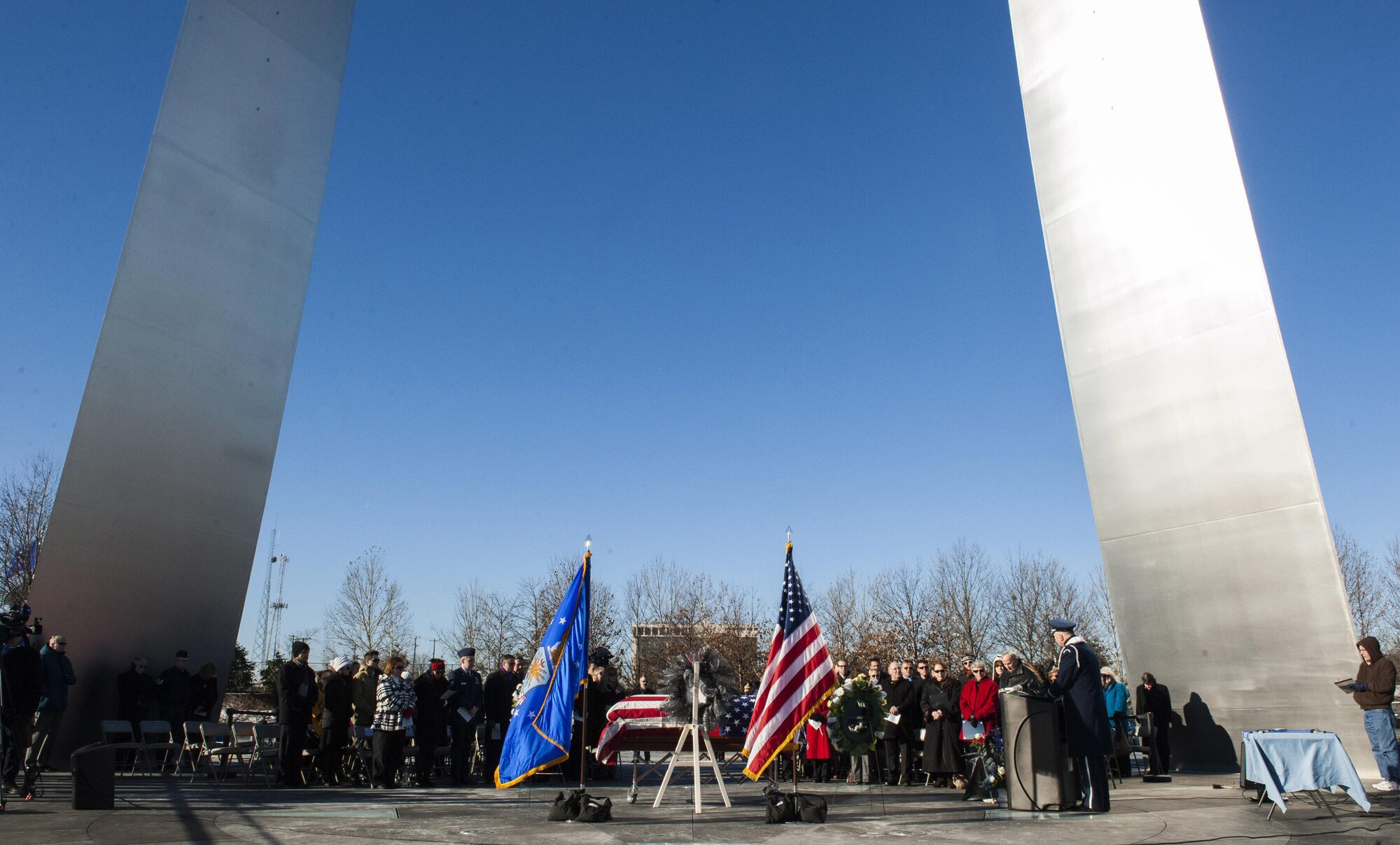 Family and friends of Col. Francis McGouldrick Jr. gather for a celebration of life ceremony Dec. 13, 2013, at the Air Force Memorial, in Arlington, Va. McGouldrick Jr. was declared missing in action during his service in Laos following a mid-air collision while serving as the navigator on a B-57 Canberra on Dec. 13, 1968. (U.S. Air Force photo/Staff Sgt. Carlin Leslie)
