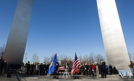 Family and friends of Col. Francis McGouldrick Jr. gather for a celebration of life ceremony Dec. 13, 2013, at the Air Force Memorial, in Arlington, Va. McGouldrick Jr. was declared missing in action during his service in Laos following a mid-air collision while serving as the navigator on a B-57 Canberra on Dec. 13, 1968. (U.S. Air Force photo/Staff Sgt. Carlin Leslie)
