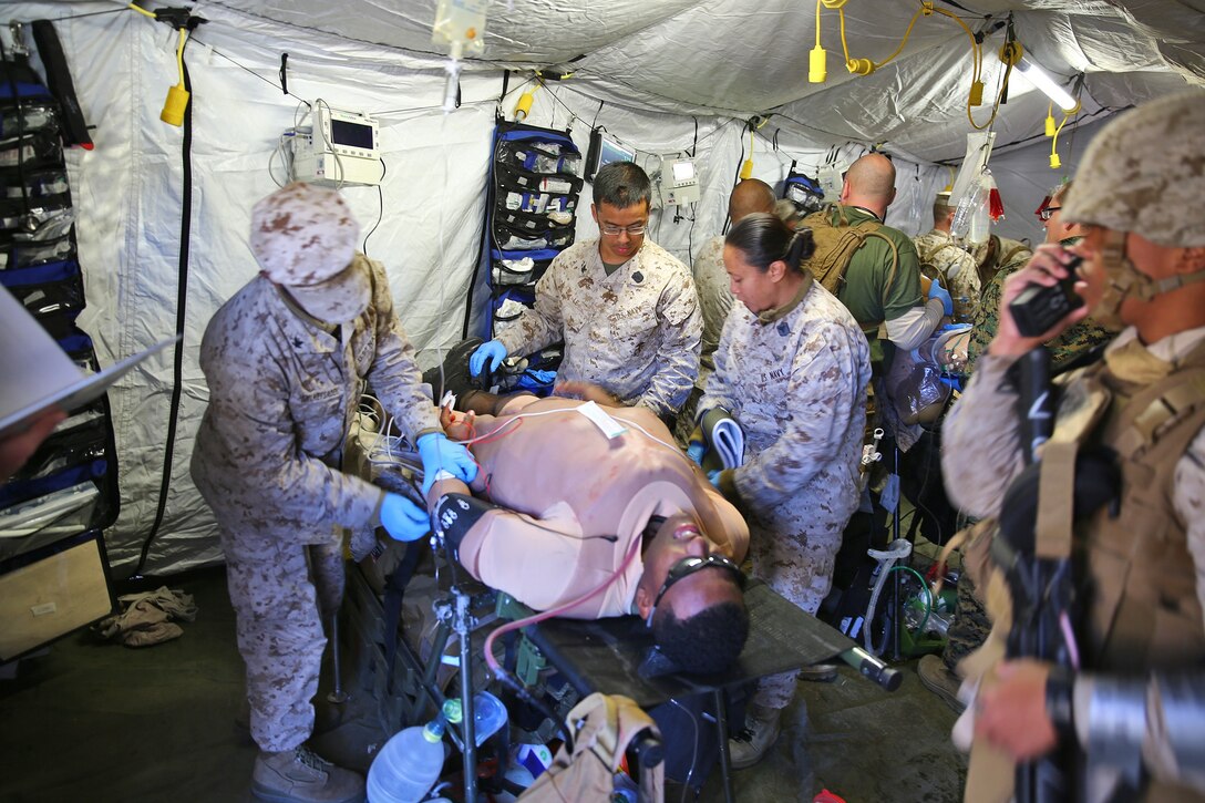 A Shock Trauma Platoon with Alpha Surgical Company, 1st Medical Battalion, 1st Marine Logistics Group, applies stabilizing care to a simulated patient during a mass casualty drill aboard Camp Pendleton, Calif., Dec. 10, 2013. The drill was part of the unit’s predeployment training in preparation for an upcoming deployment to Afghanistan with Combat Logistics Battalion 7. The corpsmen were part of a Shock Trauma Platoon, which provides immediate, stabilizing care to casualties before they receive an upper echelon of medical care.