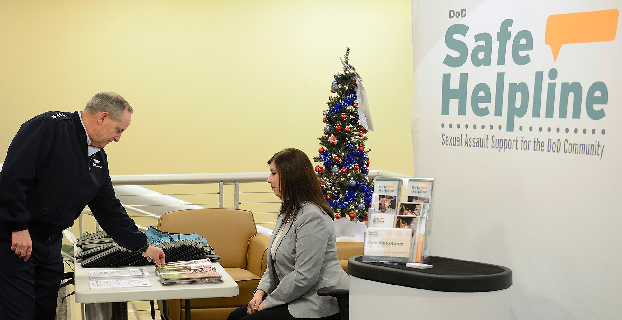 Air Force Chief of Staff Gen. Mark A. Welsh III talks with Jennifer Howard, outreach coordinator for the Department of Defense Sexual Assault Advocate Certification Program, administered by National Organization for Victim Assistance, during the SAPR Summit at Joint Base Andrews, Md., Dec. 12, 2013.  Wing commanders, command chiefs and sexual assault response coordinators from across the Air Force attended the two-day event, which included discussion from senior leaders, sexual assault victims and industry experts.  