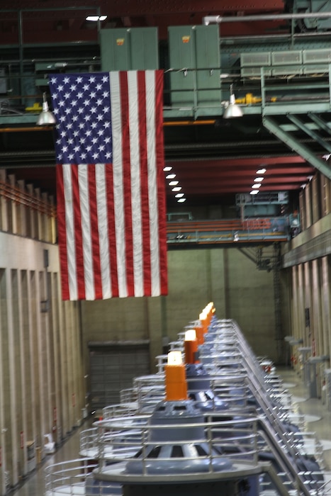 "The generator room at Hoover Dam as seen during a site visit to the dam by the FEST-34th Engineering Detachment." Photo by Paul Cravens, June 2013.