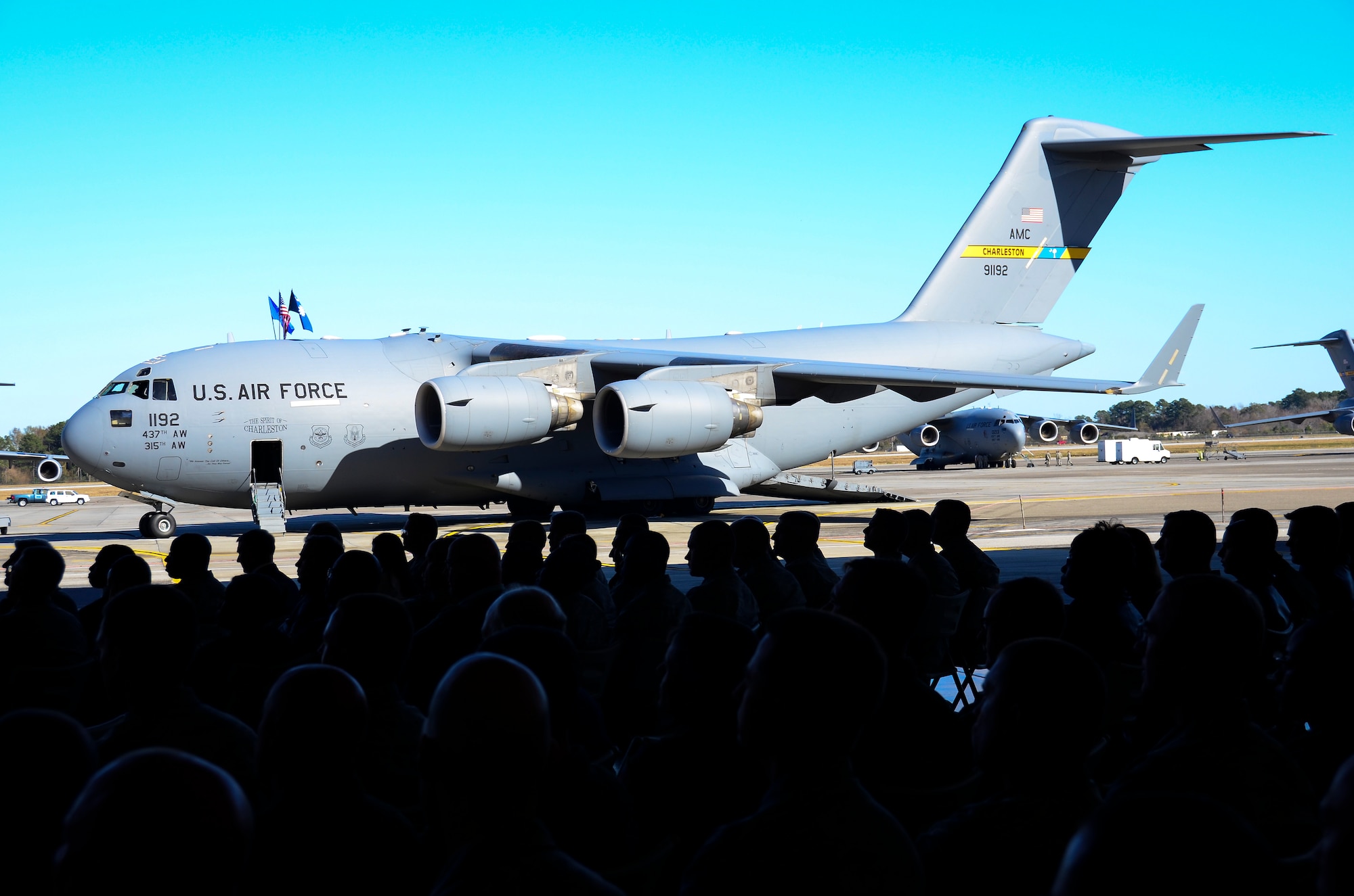 The 437th Airlift Wing held a ceremony for Aircraft 9192, December 18, 2013 at Joint Base Charleston – Air Base, S.C. The aircraft, nicknamed the “Spirit of Charleston” was the first C-17 in the U.S. Air Force’s inventory and has flown missions throughout the world for more than two decades. Those missions have totaled more than 20,000 flight hours. (U.S. Air Force photo/Staff Sgt. Anthony Hyatt) 