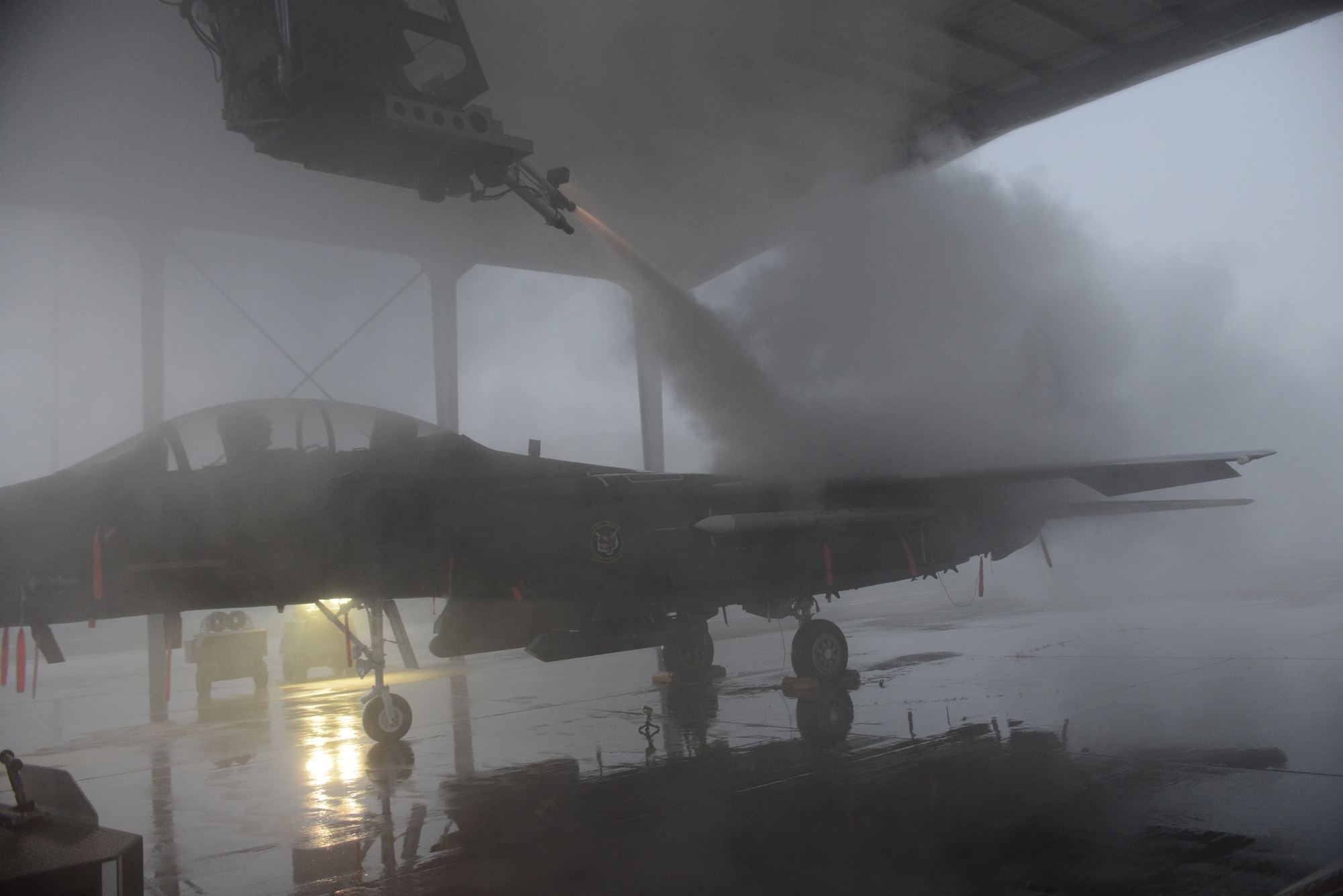 Airmen from the 366th Aircraft Maintenance Squadron de-ice an F-15E Strike Eagle Dec. 18, 2013, at Mountain Home Air Force Base, Idaho. Winter weather conditions caused Airmen to clear jets of ice and snow before launch. (U.S. Air Force photo by Senior Airman Benjamin Sutton/Released)