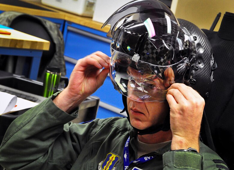 Maj. Laurens Vijge, a Royal Netherlands Air Force pilot, gets fit tested for his helmet mounted display for the F-35A Lightning II Dec. 11 at Eglin Air Force Base, Fla. On Dec. 18, Vijge became the first RNLAF pilot to fly the joint strike fighter and the flight marks the first sortie for the RNLAF here.  (U.S. Air Force photo/Staff Sgt. Nicholas Egebrecht)