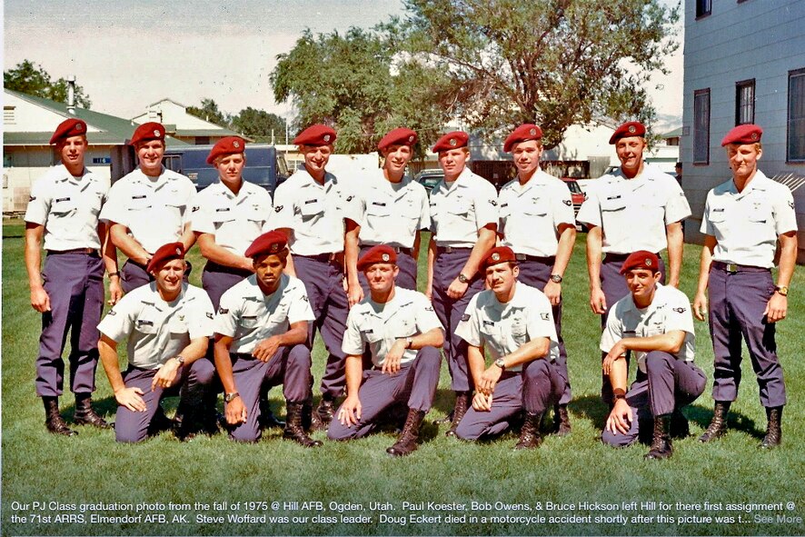 Then-Airman 1st Class Paul Koester joins classmates for a pararescue graduation photo in the fall of 1975 at Hill Air Force Base, Utah. Now-Chief Master Sgt. Koester is the pararescue functional manager for the Battlefield Airmen Branch at Pacific Air Forces Headquarters here. He is qualified as a static-line, freefall, and rescue jumpmaster; dive supervisor; fixed wing, rotary wing and vertical lift team leader; technical rope rescue instructor; National Registry EMT-intermediate and instructor; and long-range precision shooting instructor. He is a nine-skill level with 39 years operational experience as a pararescueman and combat controller. The chief has deployed to Southwest Asia in support of operations Enduring Freedom, Northern Watch and Southern Watch, where he flew on more than 75 combat missions. (Courtesy photo/released)Then-Airman Basic Paul Koester poses during Pararescue Indoctrination Training in 1974. (Courtesy photo/released)