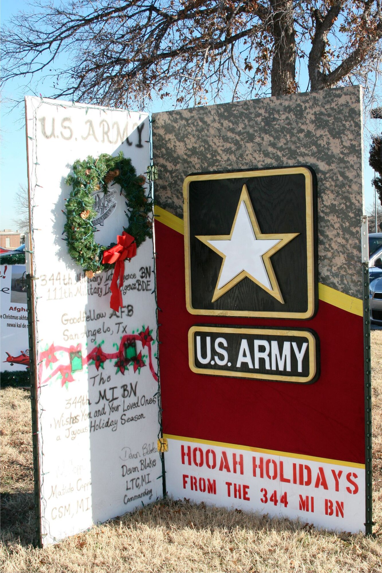 GOODFELLOW AIR FORCE BASE-  The Army 344th Military Intelligence Battalion command staff won third place in the Holiday card contest hosted by the 17th Force Support Squadron. (Courtesy photo)