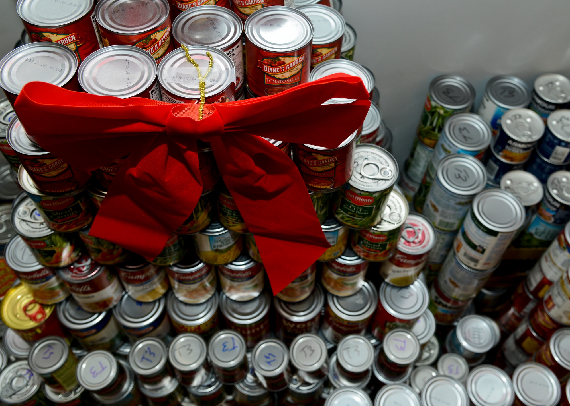 Service members from the 439th Supply Chain Operations Squadron bomber mission capable flight created a 30-day canned food drive to help those in need during the holiday season. The Airmen collected more than 2,740 cans for the Eastern Virginia Food Bank, which will directly aid local community members. (U.S. Air Force photo by Airman 1st Class Victoria H. Taylor/Released)