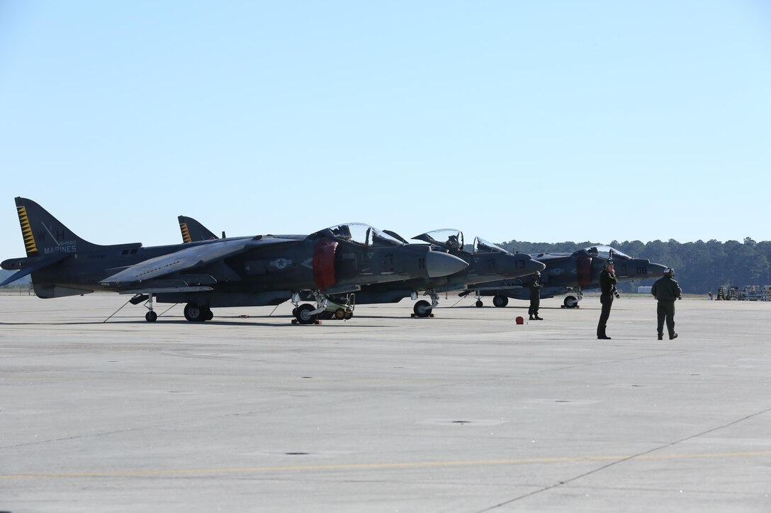 Three AV-8B Harriers with Marine Attack Squadron 231 sit on the Marine Corps Air Station Cherry Point flight line Dec. 13 during Exercise Razor Talon, an Air Force led joint-exercise. The quarterly exercise is a mock conflict involving numerous aircraft from Marine Corps, Navy and Air Force attack and training squadrons from across the Eastern Seaboard.