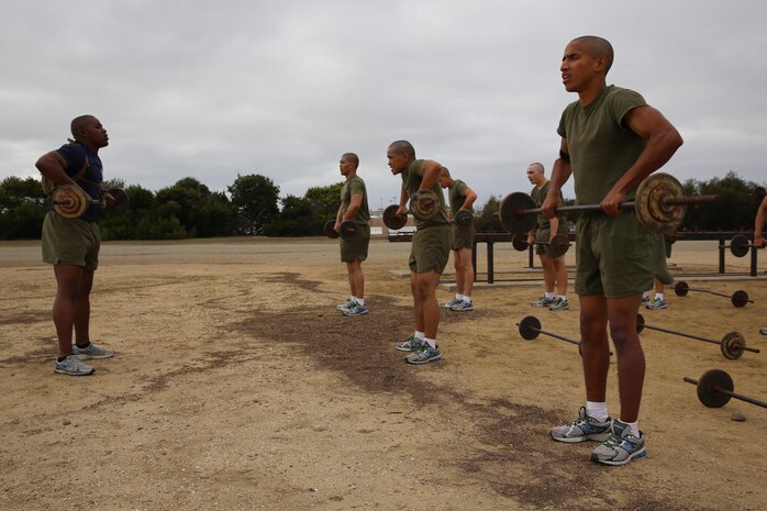 Sgt. Brandon J. Cobb, Company L, 3rd Recruit Training Battalion, leads bent over rows during the Circuit Course aboard the depot, Dec. 3. Drill instructors demonstrated each of the exercises and also performed the exercises with the recruits as they lead them through the course. 