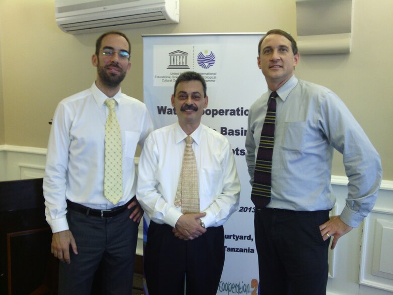 International Center for Integrated Water Resources Management (ICIWaRM), under the auspices of UNESCO, team at the “Water Cooperation in the Nile Basin–from Concepts to Action” workshop.  Pictured left to right: Dr. Aleix Serrat Capdevila, Research Professor at ICIWaRM partner University of Arizona; Dr. Bisher Iman, Deputy Secretary of UNESCO's International Hydrological Programme; Dr. Hal Cardwell, Director Conflict Resolution and Public Participation Center of Expertise at the USACE Institute for Water Resources.